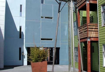 Custom water fountain in the courtyard of SOMA Residences in San Francisco.