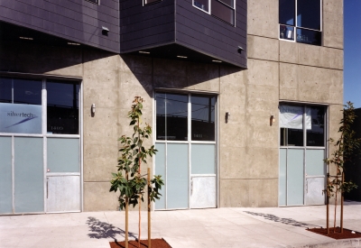 Exterior view of the ground-floor lofts at Indiana Industrial Lofts in San Francisco.