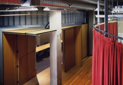 View of the entrance to the first floor conference room from the second floor at Frogdesign Studio in San Francisco. 