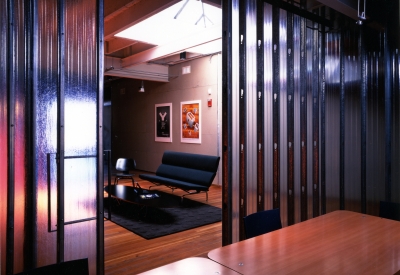 Second floor conference room with conference table and conversation chairs at Frogdesign Studio in San Francisco. 