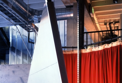 Detail view of the red separating curtain at Frogdesign Studio in San Francisco. 