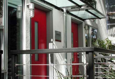 Entry door to a townhouse at Iron Horse Lofts in Walnut Creek, California.