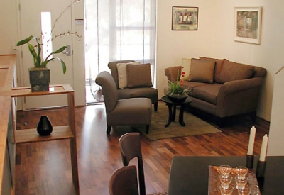 Living room inside a unit at Iron Horse Lofts in Walnut Creek, California.