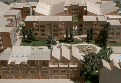 3D model of the rear and courtyard at Coggins Square in Walnut Creek, California.