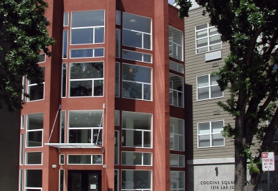 Main entrance to Coggins Square in Walnut Creek, California.