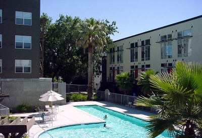 Pool and courtyard at Coggins Square in Walnut Creek, California.