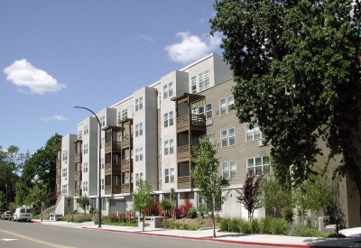 Exterior view of the elevation at Las Juntas Way at Coggins Square in Walnut Creek, California.