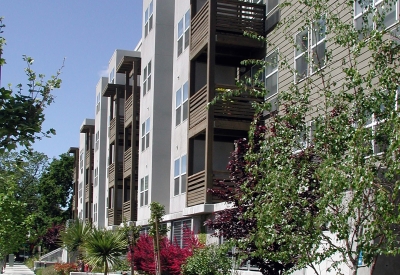 Sidewalk along Las Juntas Way at Coggins Square in Walnut Creek, California.