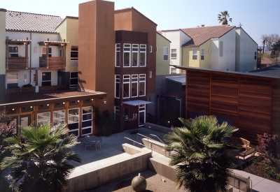 Looking out to the courtyard at Mabuhay Court in San Jose, Ca.