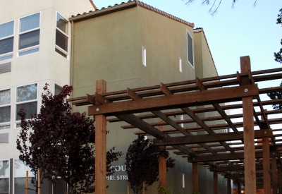 Exterior view of pergola at Mabuhay Court in San Jose, Ca.