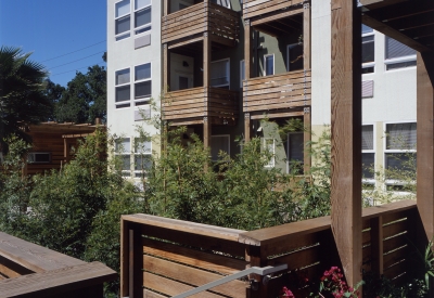 Looking out from a stoop to the courtyard at Mabuhay Court in San Jose, Ca.