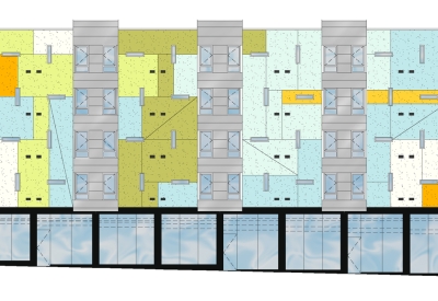 Rendering of the elevation of 8th & Howard/SOMA Studios in San Francisco, Ca.