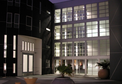 Courtyard during nighttime at 8th & Howard/SOMA Studios in San Francisco, Ca.