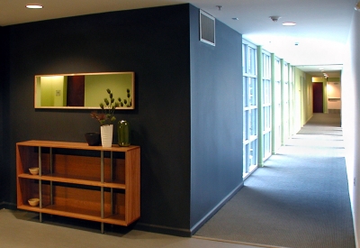 Residential hallway inside 8th & Howard/SOMA Studios in San Francisco, Ca.