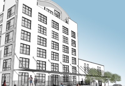 Exterior rendering of the warehouse for Capitol Lofts.