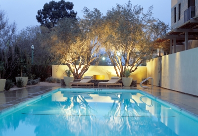 Pool at dusk at Hotel Healdsburg in Healdsburg, Ca.