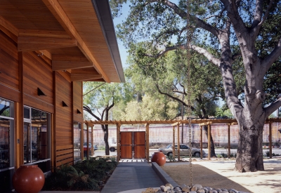 Courtyard and rain fountain at Northside Community Center in San Jose, California.