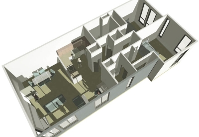 3D visualization of the two bedroom with a loft unit floor plan for Metro Lofts.