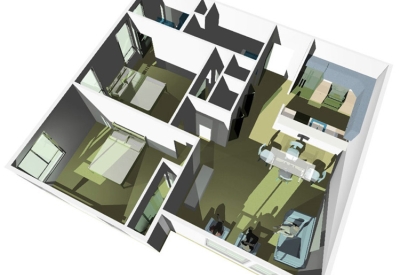 3D visualization of the two bedroom unit floor plan for Metro Lofts.