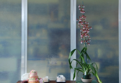 A walnut table with flowers sitting on top at Shotwell Design Lab in San Francisco.