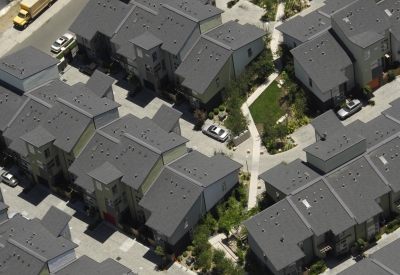 Aerial view of townhome rows at West End Commons in Oakland, Ca.