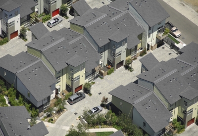 Aerial view of row of townhomes at West End Commons in Oakland, Ca.