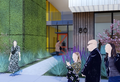 Rendering of the A1 building entrance for Midway Village Phase 1 in Daly City, Ca.