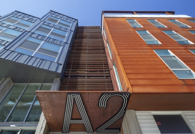 Exterior view of A2 Apartments in Baltimore, Maryland.