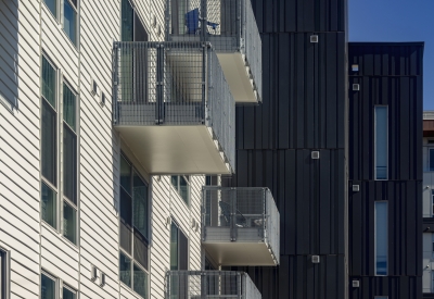 Exterior view of balconies at A2 Apartments in Baltimore, Maryland.