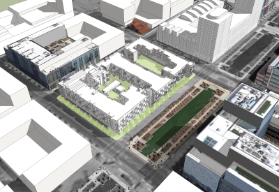 Rendered aerial view looking northeast.