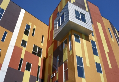 Detail of patterned exterior of Armstrong Place Senior in San Francisco.