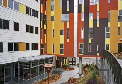 Looking out into the entry courtyard at Armstrong Place Senior in San Francisco.