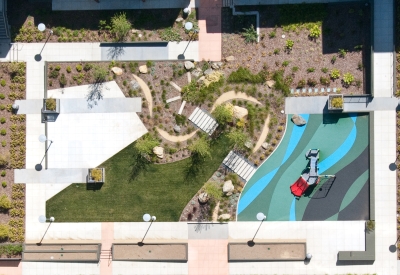 Aerial view of the playground and courtyard at Armstrong Place in San Francisco.
