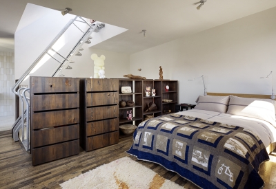 Interior view of the third level sleeping area in Zero Cottage in San Francisco.