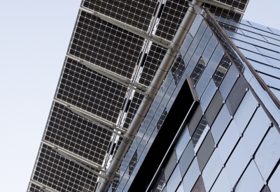 Looking up to the solar panels at Zero Cottage in San Francisco.