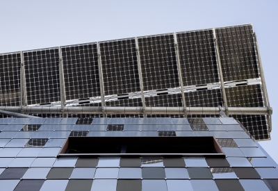 Looking up to the solar panels at Zero Cottage in San Francisco.