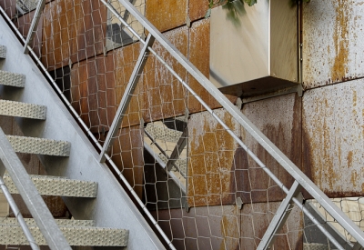 Close view of the outdoor metal stairs at Zero Cottage in San Francisco.