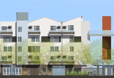 Rendering of elevation with townhouses at Bancroft Avenue for Armstrong Place in San Francisco.