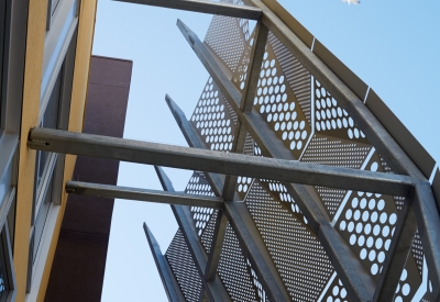 Detail of entrance overhang at Bayview Hill Gardens in San Francisco, Ca.