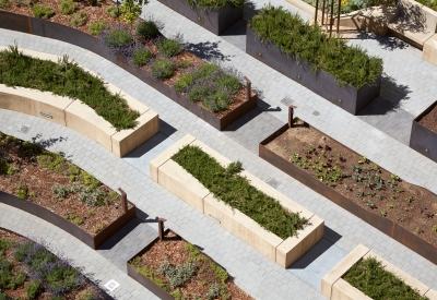 Bird's-eye view of the courtyard at Bayview Hill Gardens in San Francisco, Ca.