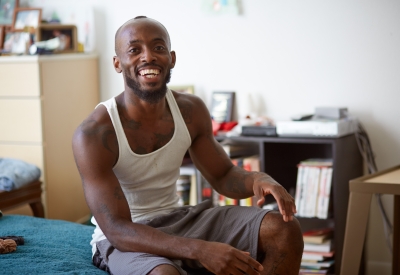 Resident in his room at Bayview Hill Gardens in San Francisco, Ca.