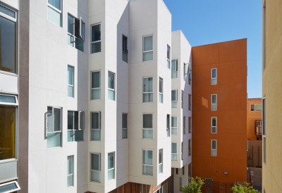 View of the courtyard from above at Bayview Hill Gardens in San Francisco, Ca.