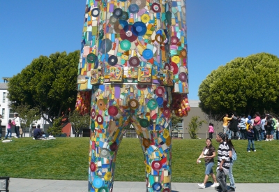 Large multi-colored sculpture in the park across from Columbia Park in San Francisco. 