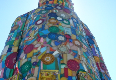 Detail view of the large multi-colored sculpture at the park across the street from Columbia Park in San Francisco. 