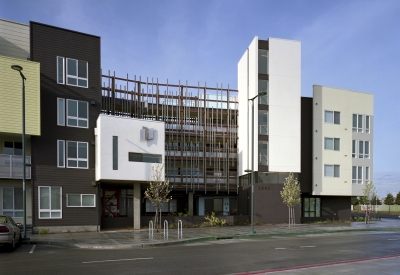 Exterior view of the residential entry at Ironhorse at Central Station in Oakland, California.