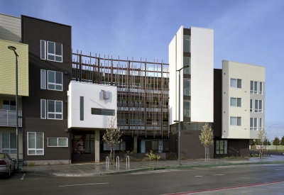 Exterior view of the residential entry at Ironhorse at Central Station in Oakland, California.