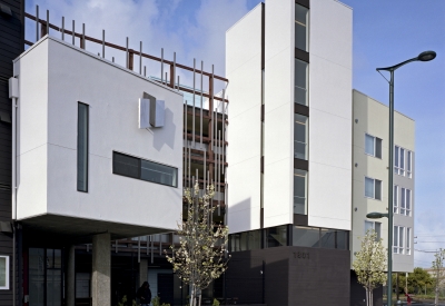 Exterior view of the entry and office pods at Ironhorse at Central Station in Oakland, California.