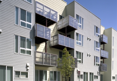 Exterior view of the private balconies at Ironhorse at Central Station in Oakland, California.