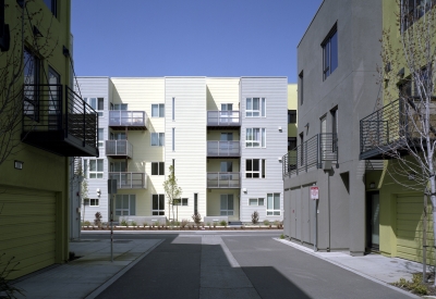 Zephyr Gate Drive elevation and private balconies at Ironhorse at Central Station in Oakland, California.