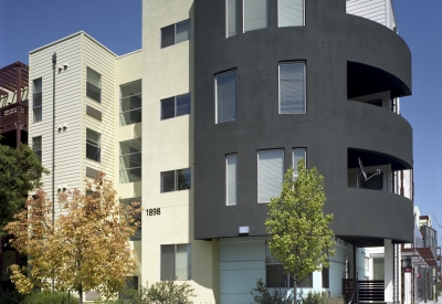 View of the curved entry bay at Paseo Senter in San Jose, California.